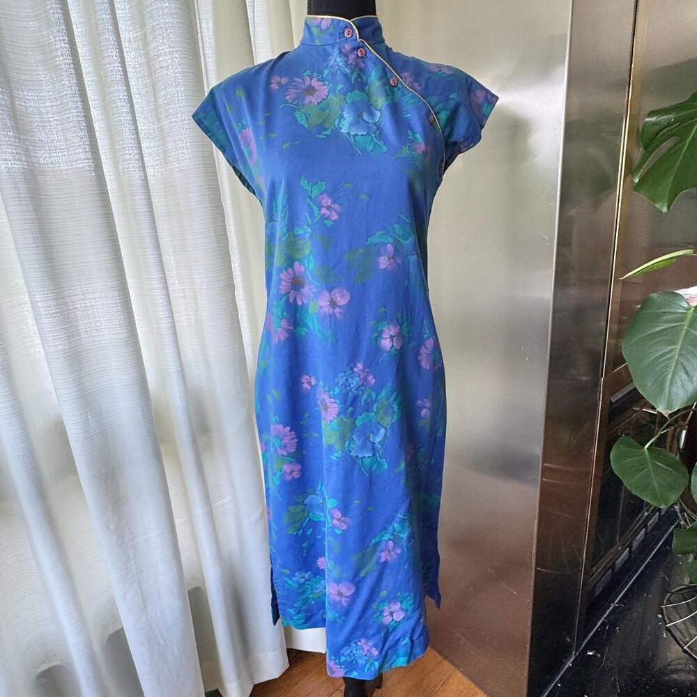 Vintage 70s dress, blue, purple floral, Cheongsam modern interpretation